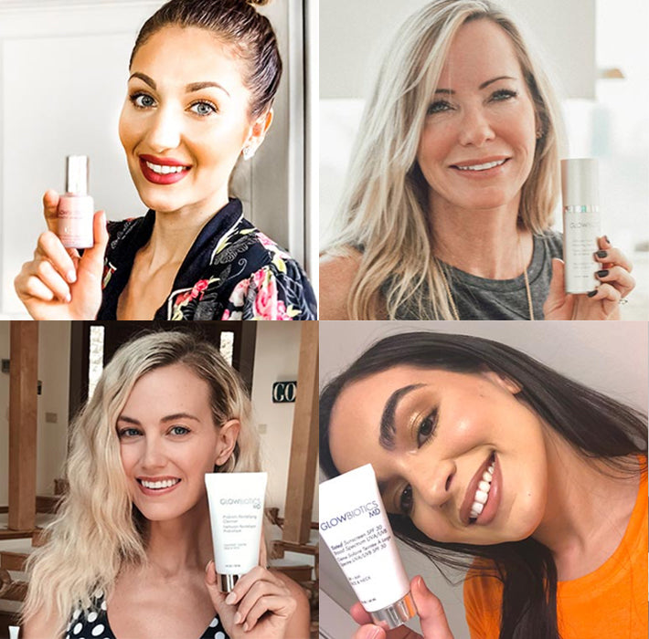 Collage of four women holding Glowbiotics probiotic skincare products, promoting the Skinfluencer ambassador program.