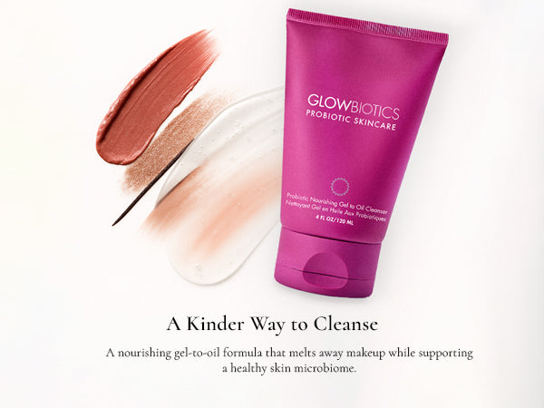 Glowbiotics Gel to Oil Cleanser with makeup textures, highlighting gentle yet effective cleansing