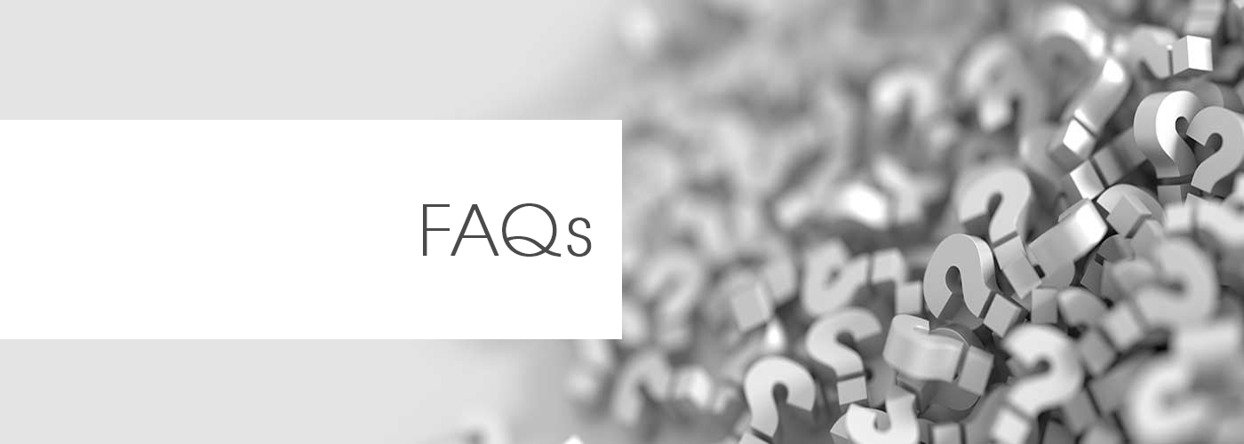 Banner reading “FAQs” over a grayscale background of scattered 3-D question-mark blocks.