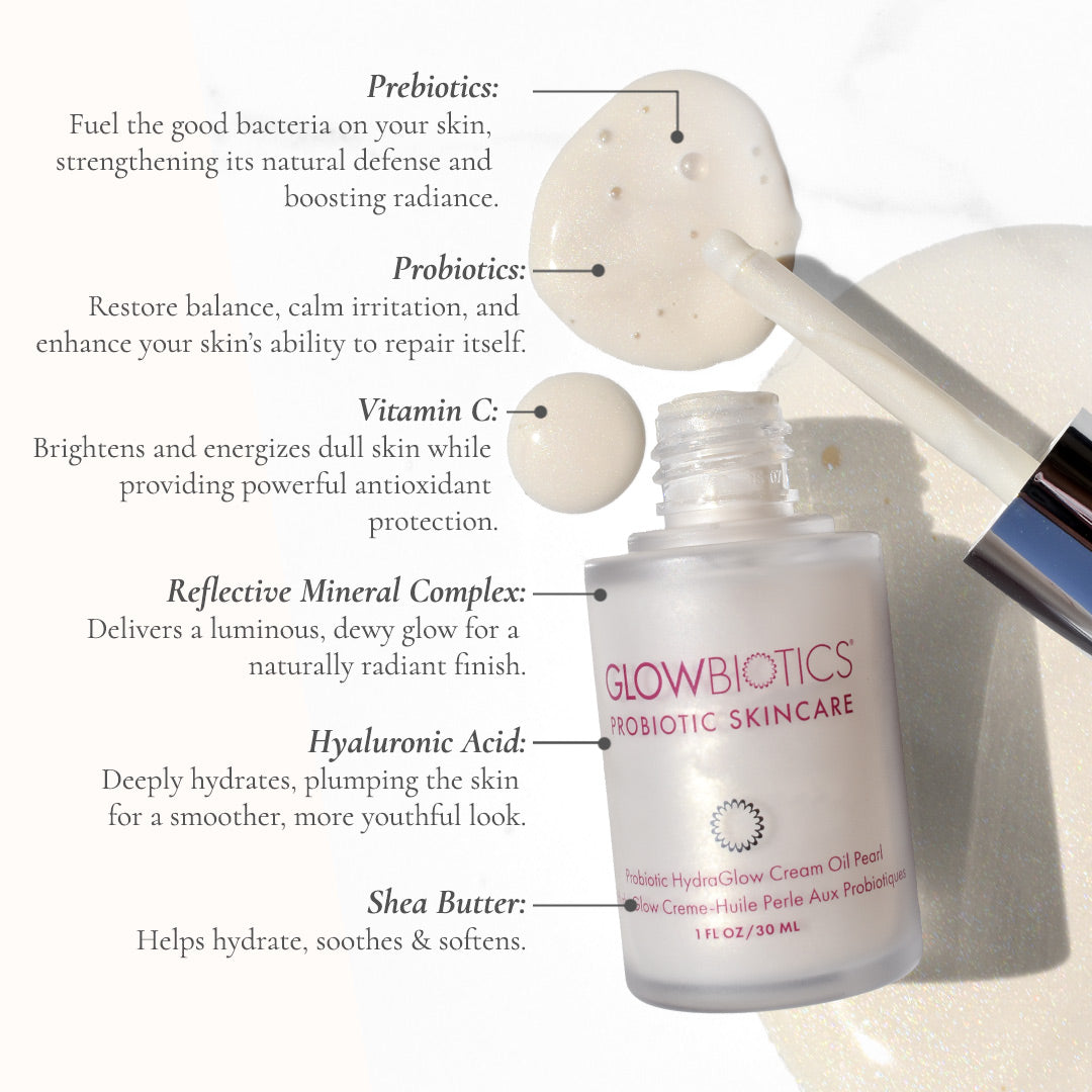 HydraGlow Cream-Oil Pearl with ingredient call-outs for probiotics, hyaluronic acid and mineral complex.