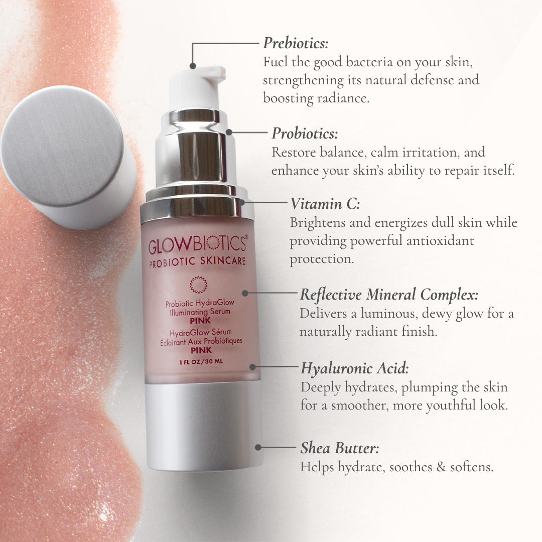 Glowbiotics Pink HydraGlow Illuminating Serum with call-outs for prebiotics, probiotics, vitamin C and hyaluronic acid.