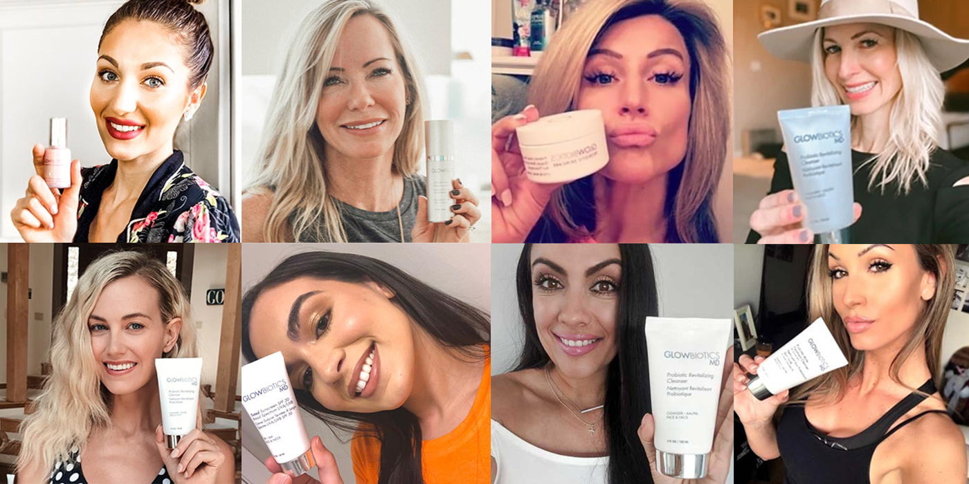 Collage of women holding Glowbiotics probiotic skincare products, promoting the Skinfluencers ambassador program.
