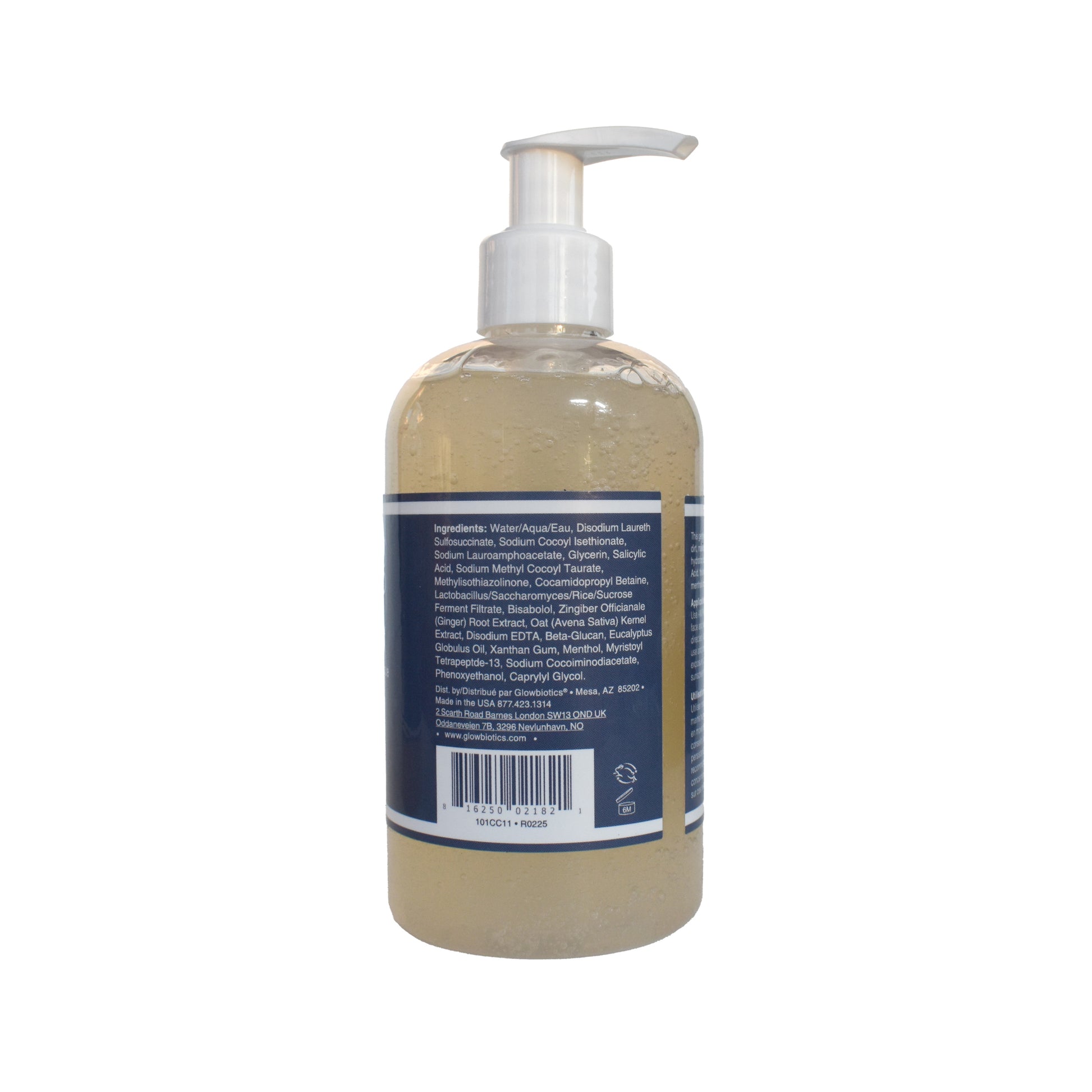 Glowbiotics Probiotic Clarifying Cleanser 10 oz bottle back view with ingredients and barcode