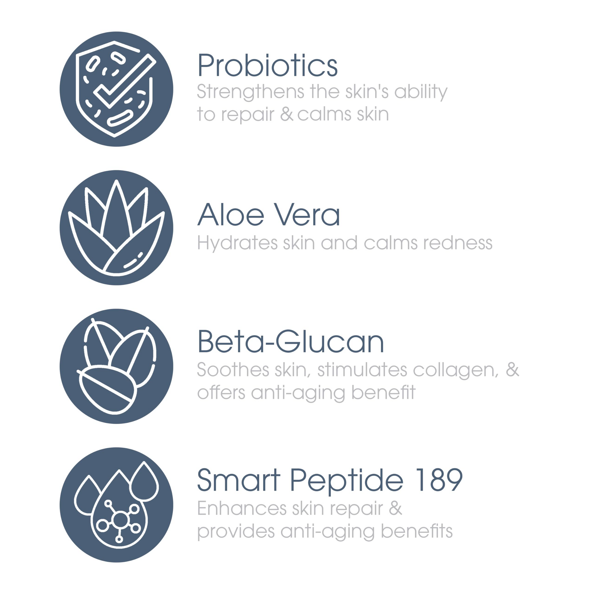 Glowbiotics Probiotic Revitalizing Cleanser features graphic with probiotics, aloe vera, beta-glucan, and smart peptide 189 benefits