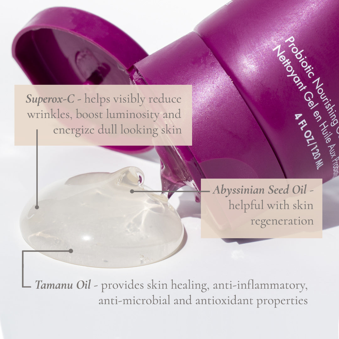 Close-up of cleanser texture with key ingredients: Supreme-C, Abyssinian Seed Oil, Tamanu Oil