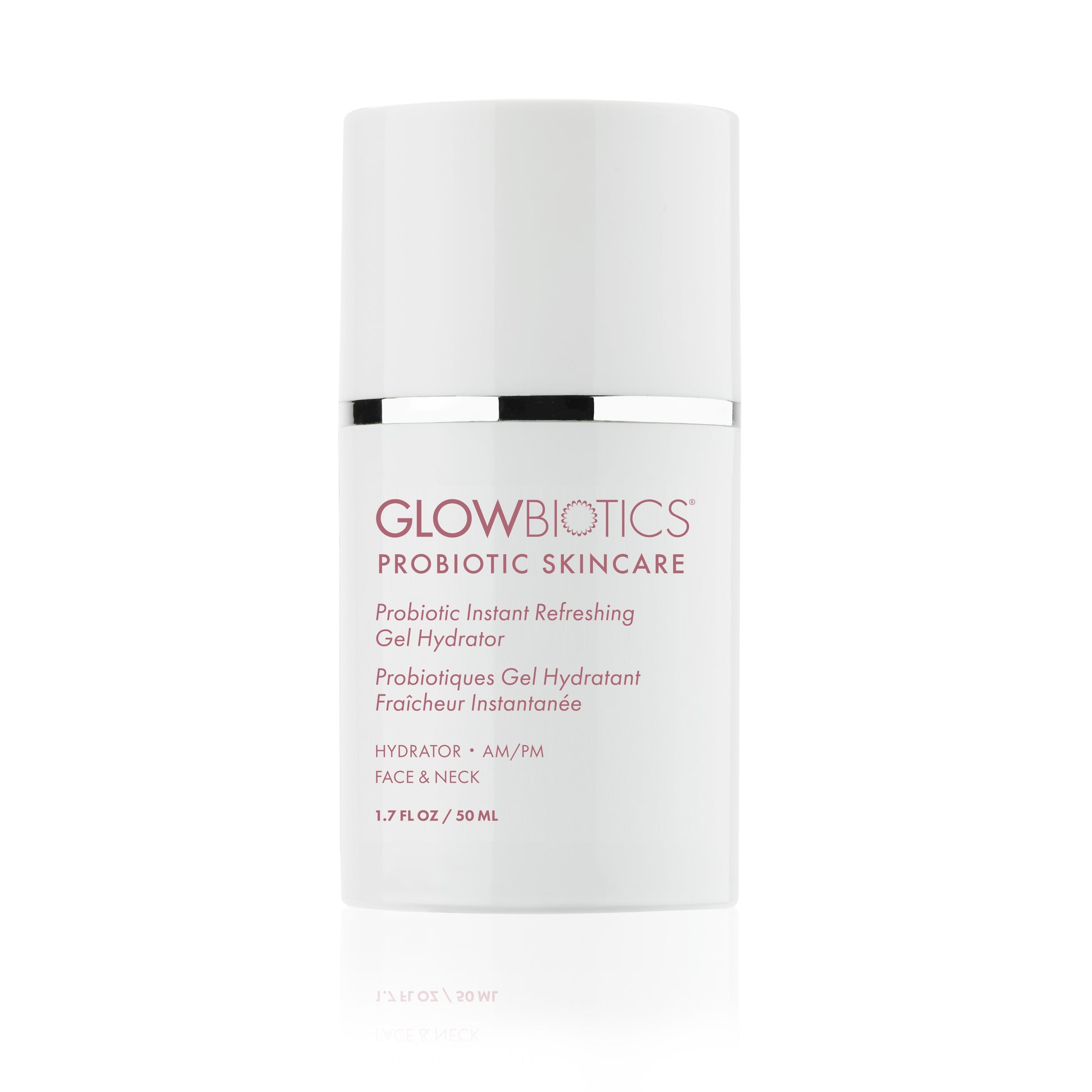 Bottle of Glowbiotics Probiotic Instant Refreshing Gel Hydrator, 1.7 fl oz, standing upright on a white background