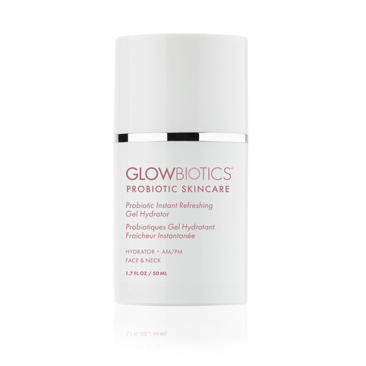 Bottle of Glowbiotics Probiotic Instant Refreshing Gel Hydrator, 1.7 fl oz, standing upright on a white background
