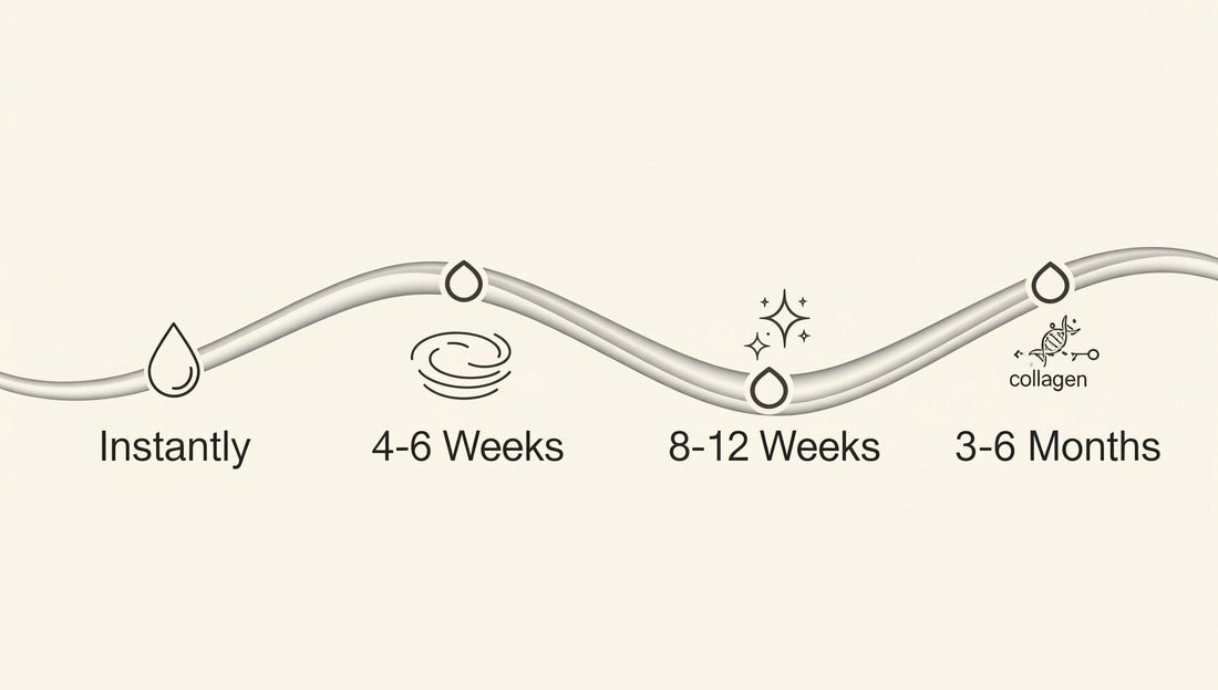 An infographic of a skincare timeline showing results at different stages: Instantly, 4-6 Weeks, 8-12 Weeks, and 3-6 Months.