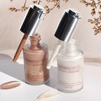 Two HydraGlow Cream-Oil shades (Pearl & Pink) with droppers and shimmering swatches on neutral backdrop.