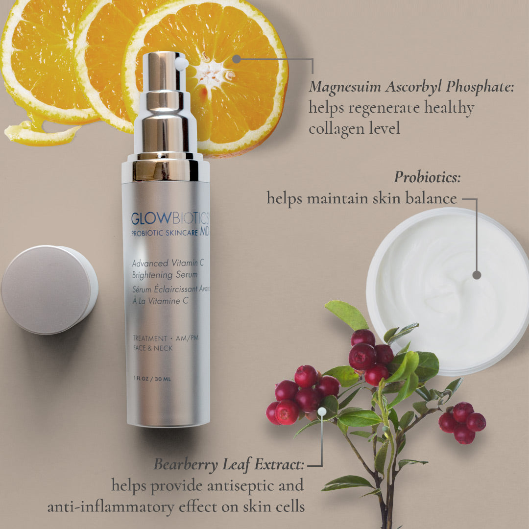 Advanced Vitamin-C Brightening Serum with vitamin-rich ingredients including orange slices, rosemary, and botanical extracts
