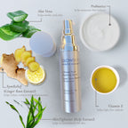 Advanced Vitamin-C Brightening Serum with aloe vera, ginger, kelp, and vitamin E oil, showing probiotic benefits