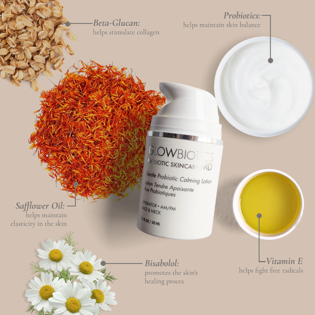 Glowbiotics Gentle Probiotic Calming Lotion with safflower oil, beta-glucan, bisabolol, probiotics, and vitamin E ingredient callouts