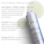 Glowbiotics Acne Clarifying and Refining Treatment with highlighted key ingredients Smart Peptide 13, SymCalmin, and eucalyptus oil
