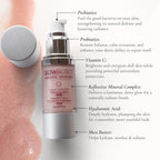 Glowbiotics Pink HydraGlow Illuminating Serum with call-outs for prebiotics, probiotics, vitamin C and hyaluronic acid.
