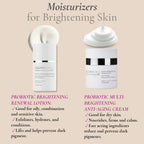 Side-by-side comparison graphic of Probiotic Brightening Renewal Lotion and Probiotic Multi-Brightening Anti-Aging Cream with brief benefits listed