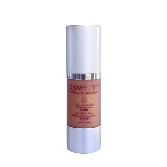 Glowbiotics Probiotic HydraGlow Illuminating Serum – Bronze shade, 1 oz airless pump bottle on white background.