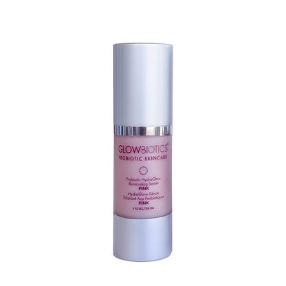 Glowbiotics Probiotic HydraGlow Illuminating Serum – Pink shade, 1 oz airless pump bottle on white background.
