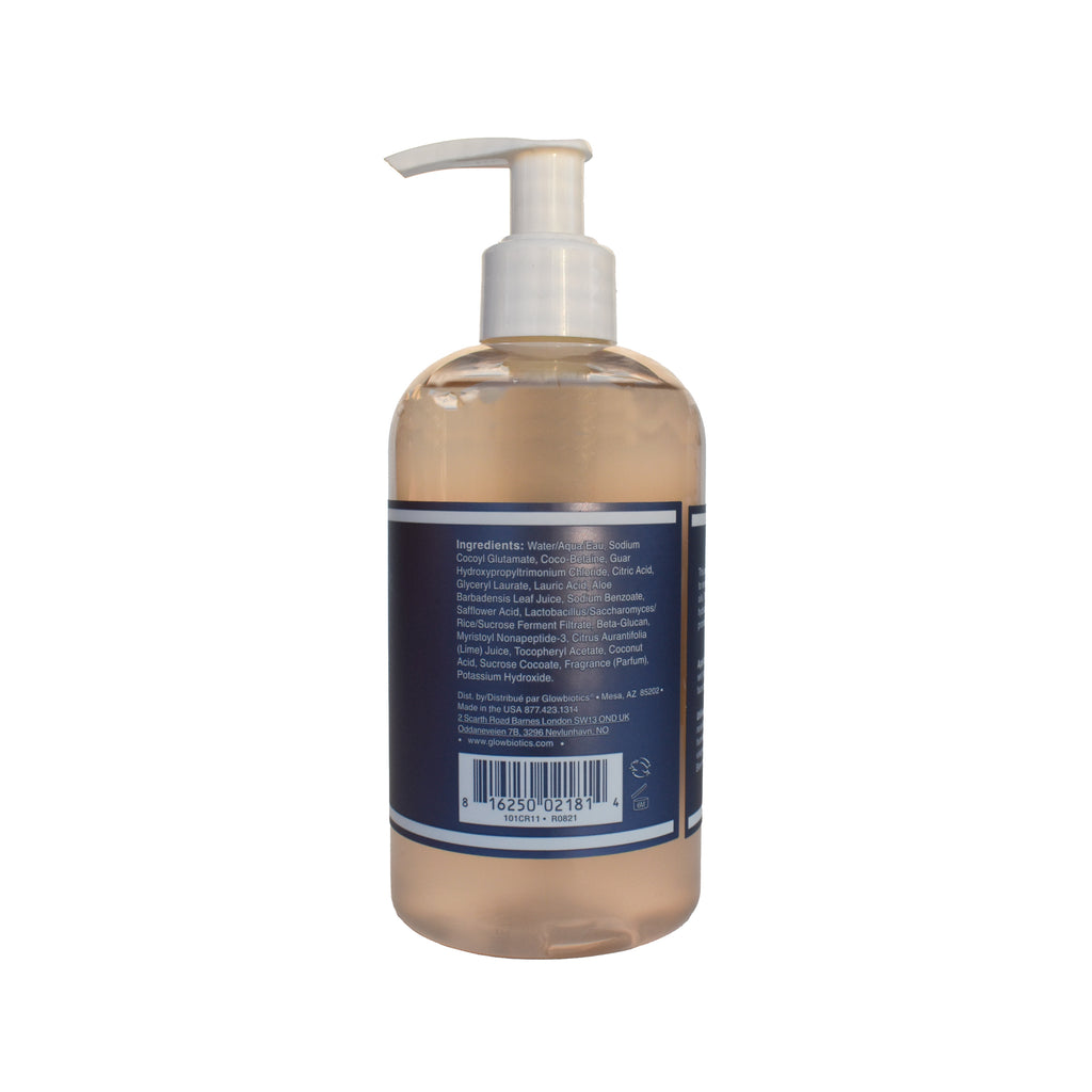 Glowbiotics Probiotic Revitalizing Cleanser 10 oz bottle back view with ingredients and barcode