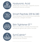 Key ingredients in Glowbiotics Calming Restorative Treatment including hyaluronic acid, Smart Peptide 239 and 240, Skin Tightener ST, and SymCalmin