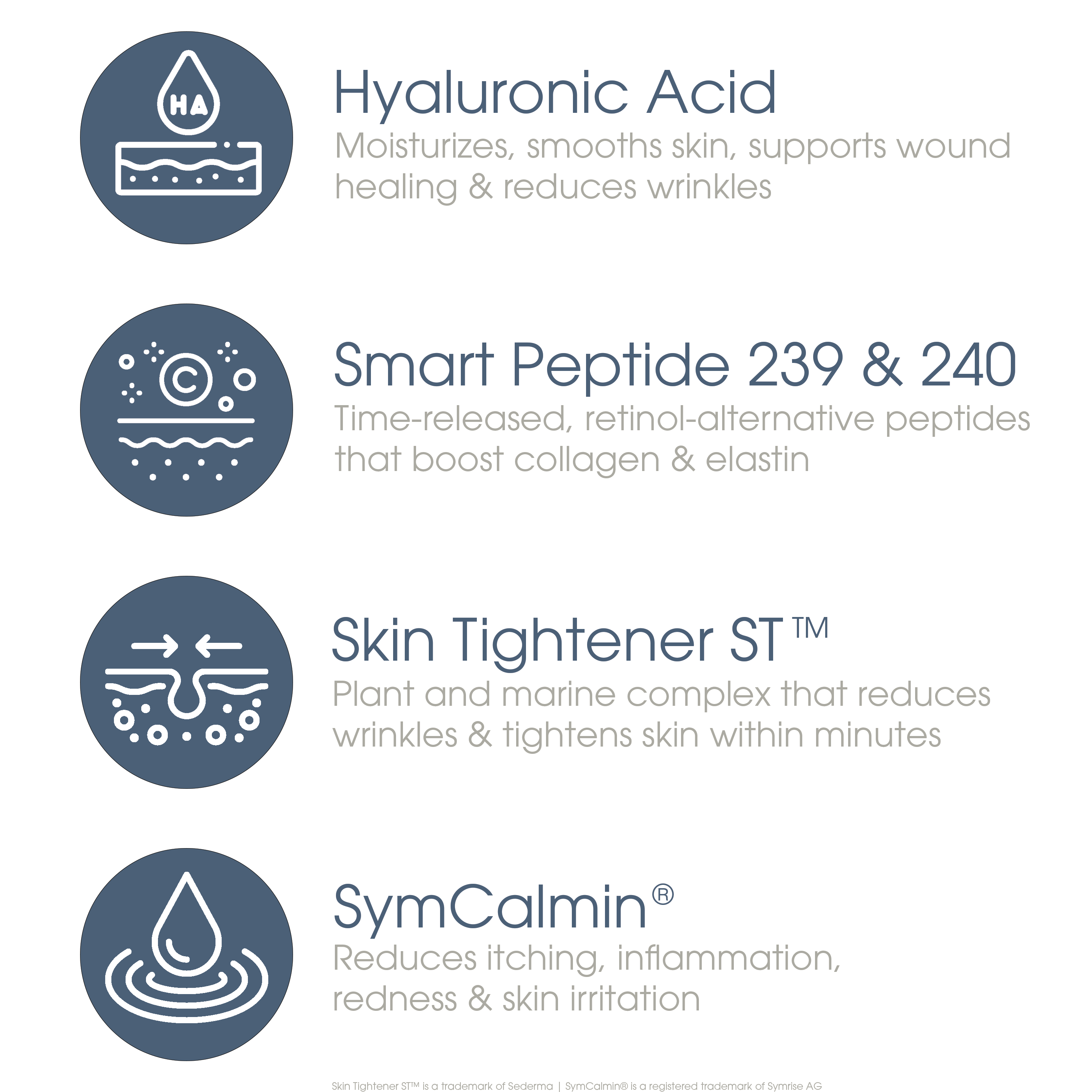 Key ingredients in Glowbiotics Calming Restorative Treatment including hyaluronic acid, Smart Peptide 239 and 240, Skin Tightener ST, and SymCalmin