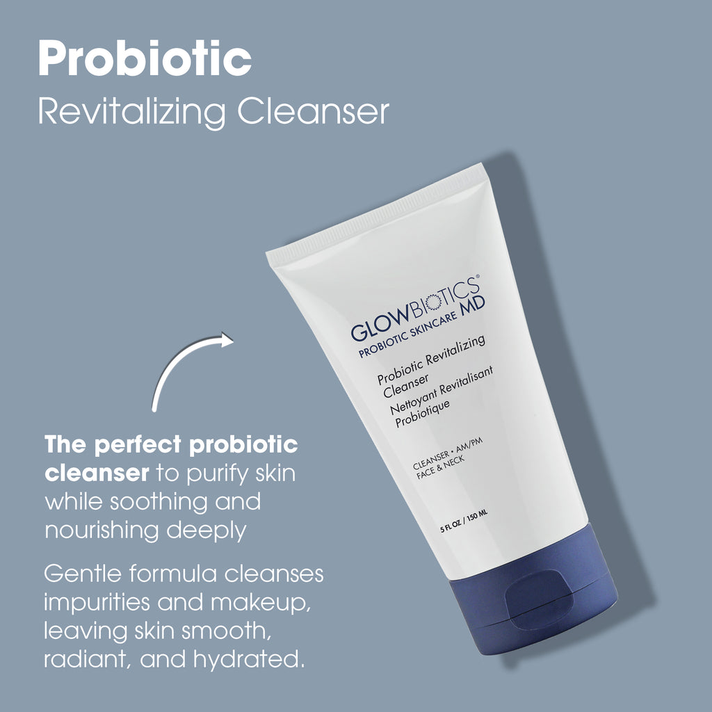 Glowbiotics Probiotic Revitalizing Cleanser with product benefits text on blue background