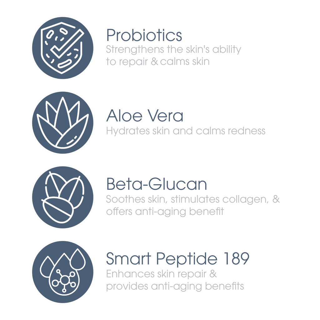 Glowbiotics Probiotic Revitalizing Cleanser features graphic with probiotics, aloe vera, beta-glucan, and smart peptide 189 benefits