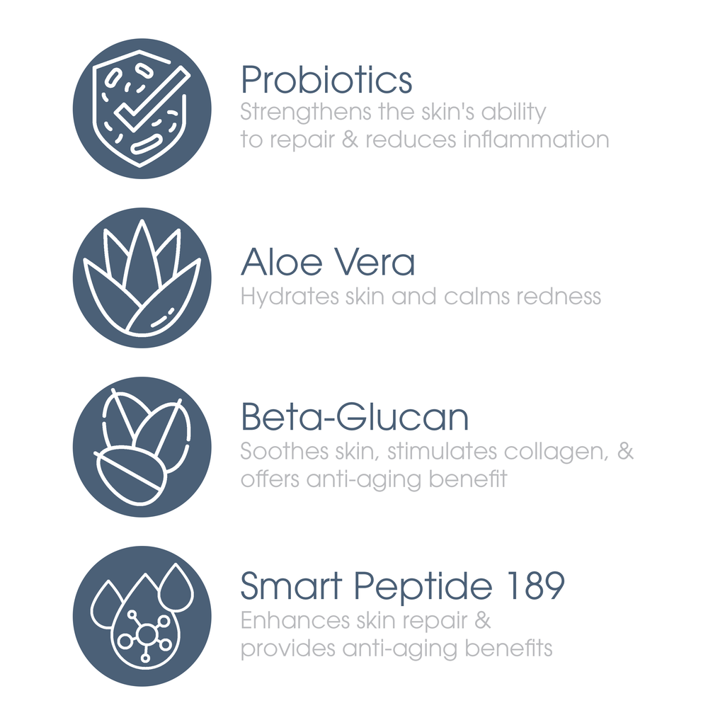 Glowbiotics Probiotic Revitalizing Cleanser ingredient highlights: probiotics, aloe vera, beta-glucan, smart peptide 189