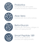 Glowbiotics Probiotic Revitalizing Cleanser ingredient highlights: probiotics, aloe vera, beta-glucan, smart peptide 189