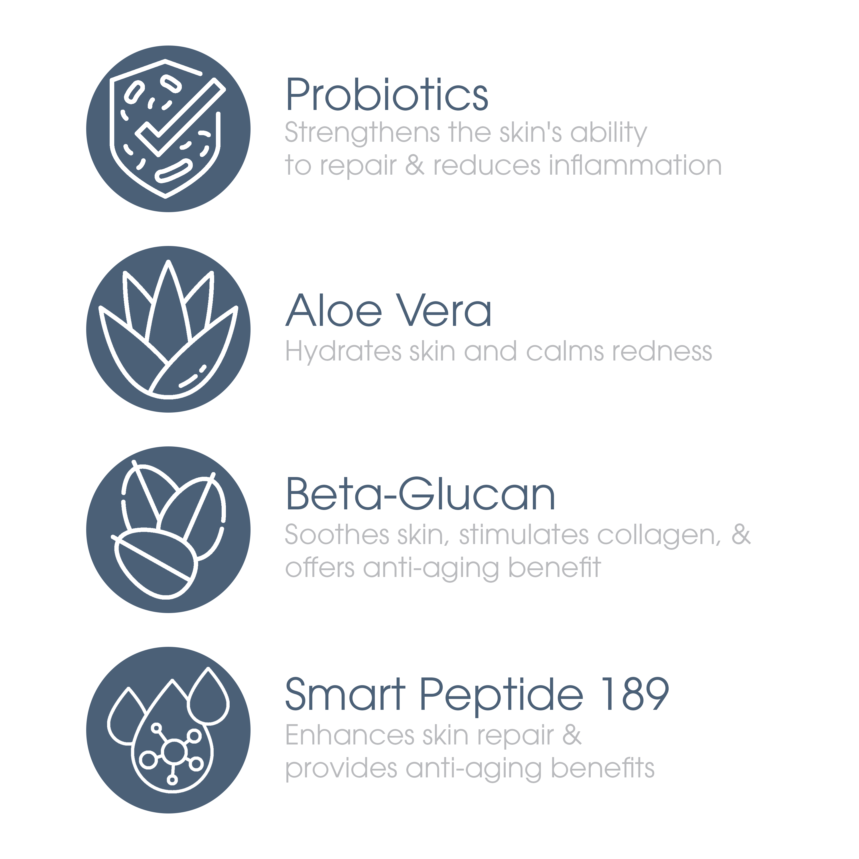 Glowbiotics Probiotic Revitalizing Cleanser ingredient highlights: probiotics, aloe vera, beta-glucan, smart peptide 189