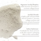 Close-up of serum texture with text listing Vitamin C derivatives and sodium hyaluronate benefits