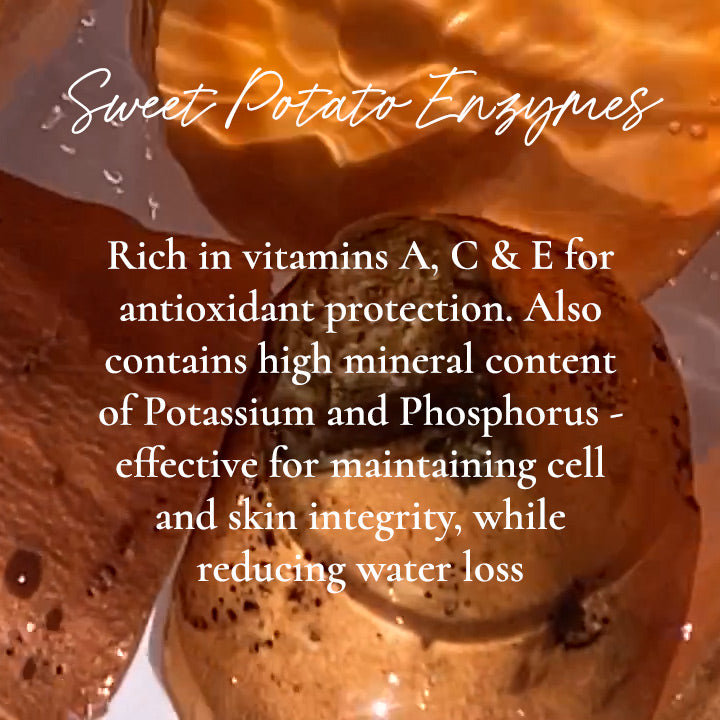 Graphic of amber-colored gel with text “Sweet Potato Enzymes – Rich in vitamins A, C & E for antioxidant protection. Contains high minerals for maintaining cell and skin integrity while reducing water loss