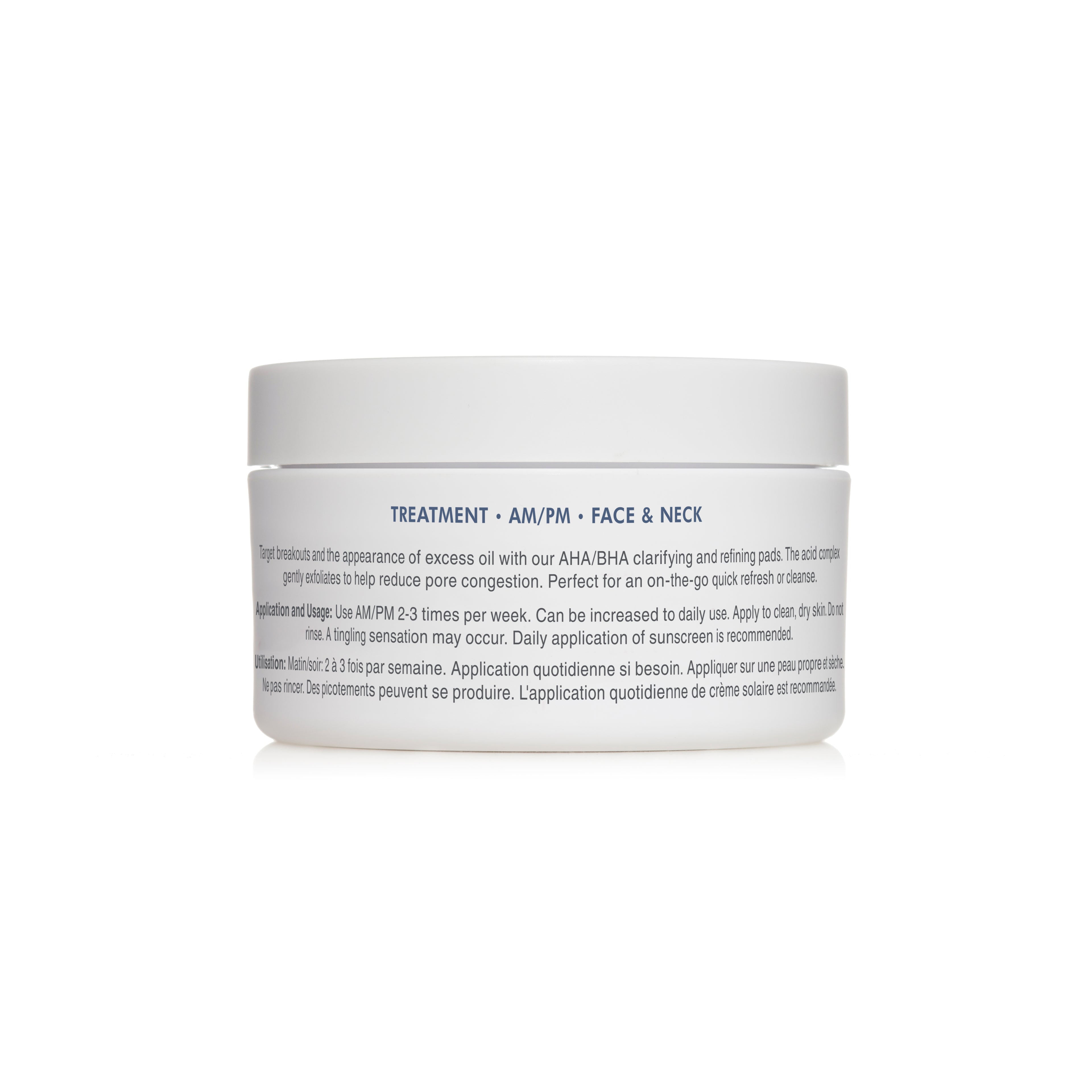 Side view of Glowbiotics Probiotic Triple Action Clarifying Pads jar showing usage instructions and ingredient list