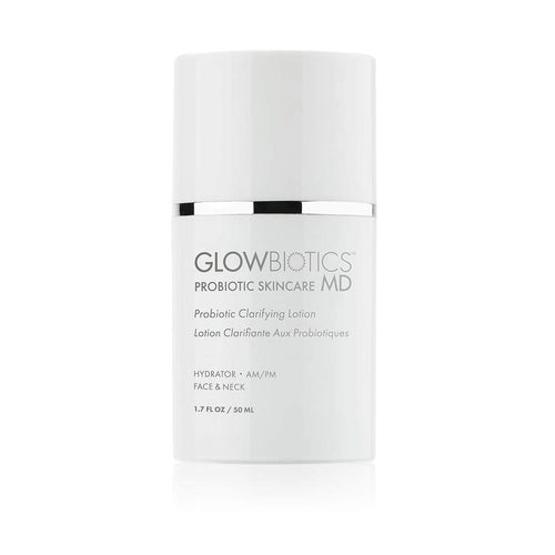 Bottle of Glowbiotics Probiotic Clarifying Lotion on a white background