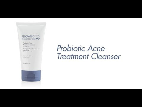 Video thumbnail titled “Probiotic Acne Treatment Cleanser” with product tube on white banner.